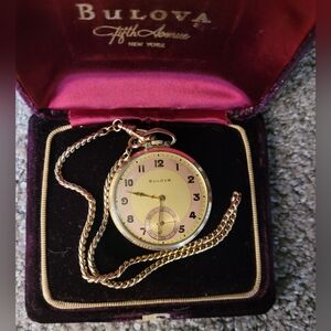 Vintage Bulova 10K Rolled Gold Plate Pocket Watch, Pristine Condition.